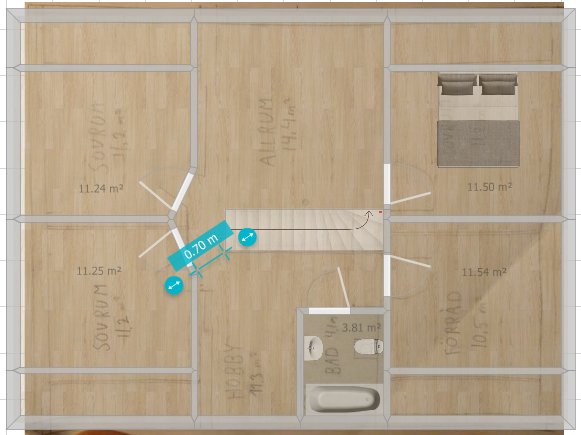 3D-skiss av planlösning med dimensioner, möblering i kök och trångt utrymme i tvättstuga.