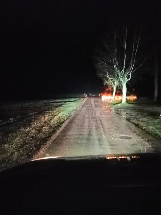 Bild från bilens perspektiv som visar väg upplyst av 60W LED-lampor i mörker.