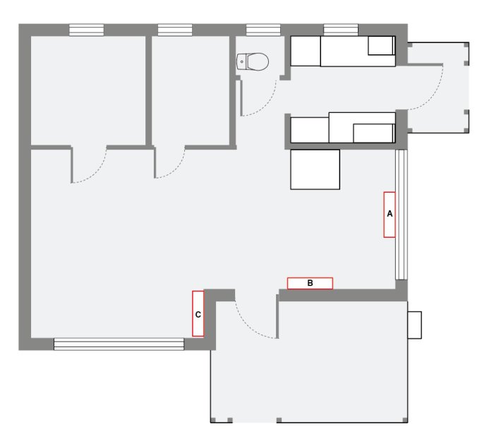 Ritning av en bostadsplan med markerad plats över fönster (A) avsedd för en FH35-enhet.