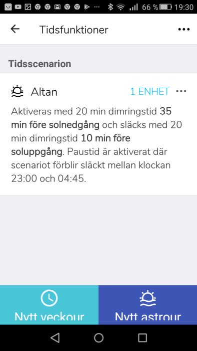 Skärmdump av en app för tidsstyrning av belysning med inställningar för altanen.