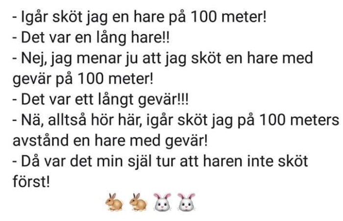 Skämtsam textkonversation om missförstånd kring att skjuta en hare på 100 meter, inkluderar emojis av kaniner.