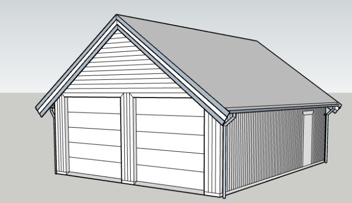 Ritning av en liten byggnad med sadeltak och dubbla garageportar.