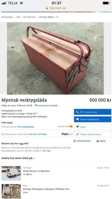 Screenshot av en annons på Blocket med en röd verktygslåda till salu.