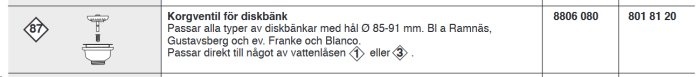 Produktinformation för IFÖ korgventil för diskbänk, kompatibel med olika vattenlåsmodeller och diskbänkar.