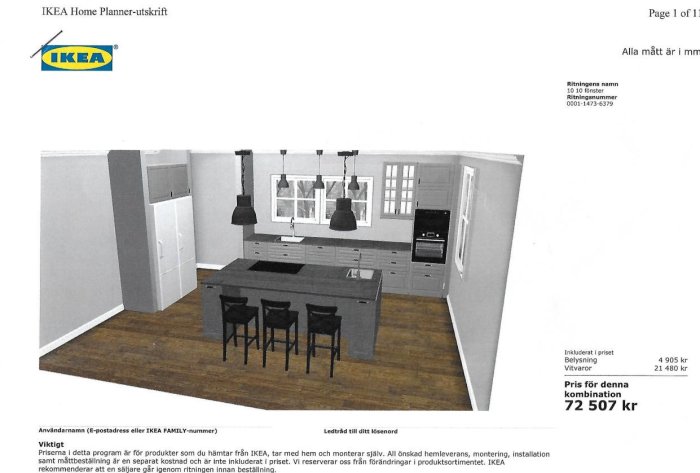 Visualisering av ett kökslayoutförslag med mörka skåp, köksö, inbyggda vitvaror och hängande lampor från IKEA Home Planner.