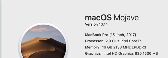 Skärmdump av en MacBook Pro (15-tum, 2017) med specifikationer såsom macOS Mojave Version 10.14 och 2,9 GHz Intel Core i7.