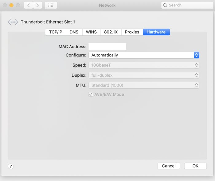 Skärmbild av Mac nätverksinställningar med 10GbaseT Thunderbolt Ethernet konfiguration.