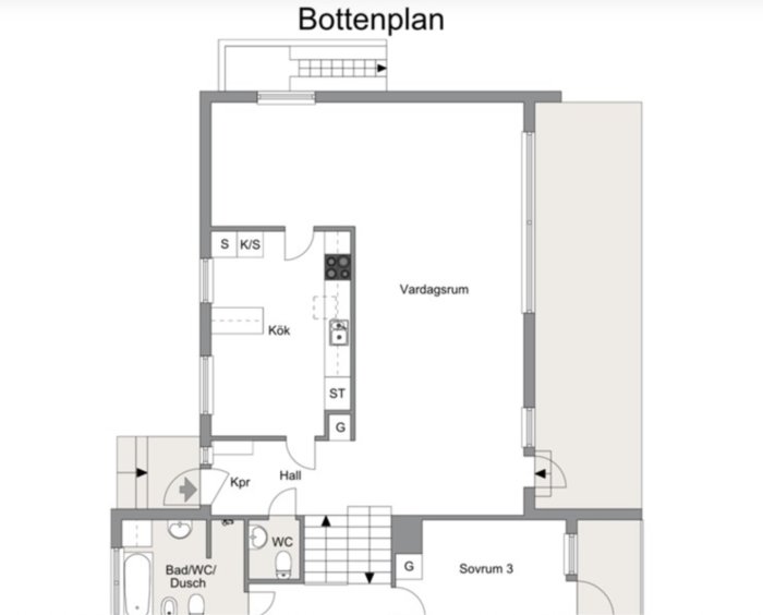Bottenvåningsplan för ett hus med markerade föreslagna ändringar; nya väggar, köksö, och borttagning av en bärande vägg.
