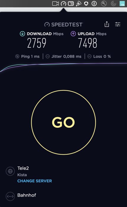 Internet hastighetstestresultat som visar 2,759 Mbps nedladdning och 7,498 Mbps uppladdning.