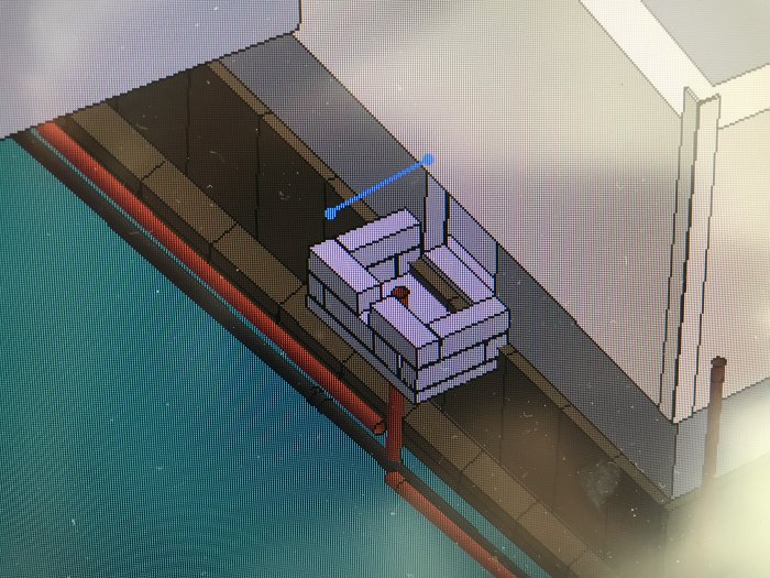 3D-modell av ett hus med en renoverad ljusgård i grått lecablock vid husgrund.