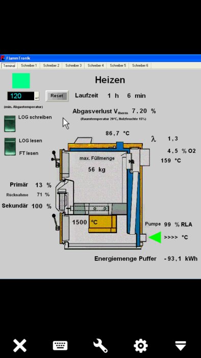 Skärmavbild av en övervakningsinterface för värmesystem med temperaturer och driftstatus.