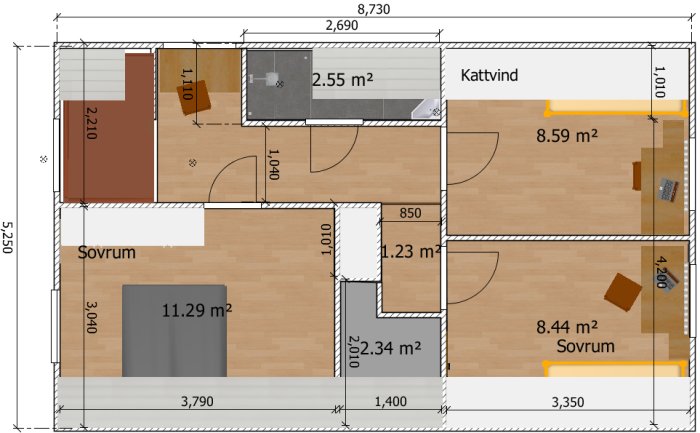 Planlösning av hus med två barnrum på 8,5 m2, en toalett på 2,5 m2, och övriga utrymmen markera.