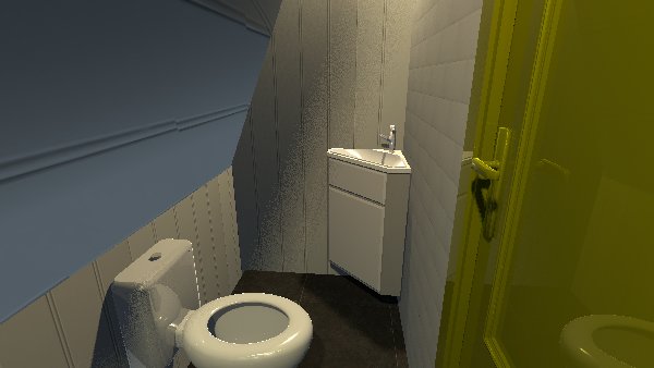 3D-rendering av en kompakt toalett på 2.5m2 med vita väggar, gult duschutrymme och vit porslin.