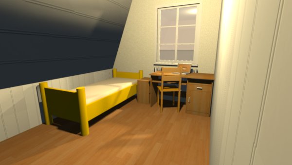 3D-rendering av ett barnrum med en enkelsäng, skrivbord och stol vid fönstret i ett tänkt hus.