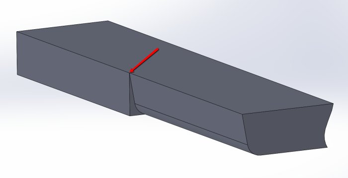 CAD-modell av en träplanka med en profilerad kant och röd pil som indikerar referenspunkt.