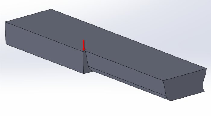 3D-modellerad träplanka med fräst profil och röd pil som pekar på referensytan för anhåll under fräsning.