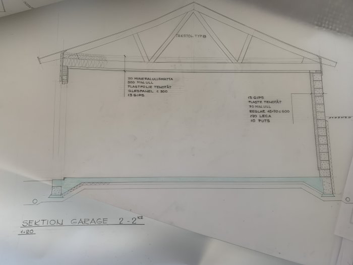 Arkitektonisk sektion av en garagebyggnad som visar vägg- och takkonstruktioner samt isoleringsmaterial.