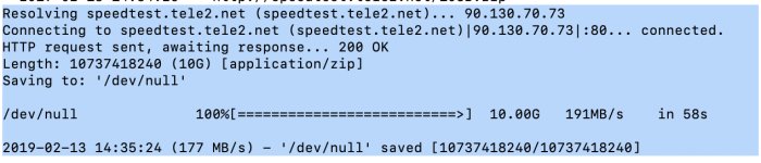 Skärmdump av en internet-hastighetstestlogg som visar en nedladdning på 10GB på 58 sekunder.