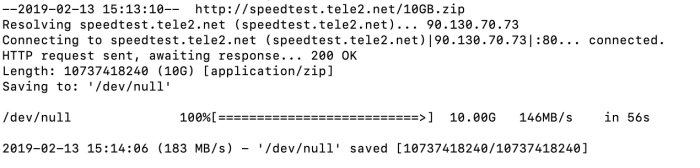 Terminalfönster visar en nedladdningstest från speedtest.tele2.net med en hastighet på 183 MB/s.