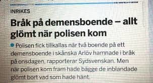 Utsnitt av tidningsartikel om ett bråk på demensboende där de inblandade glömt händelsen när polis anlände.