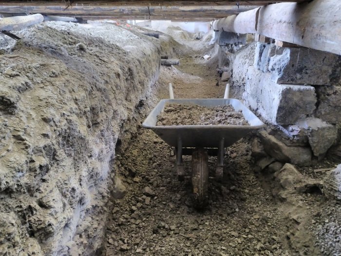 Grävd tunnel i krypgrund med skottkärra, murningssten och grus, arbete med husgrund.