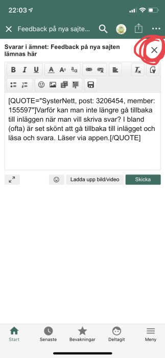 Skärmdump från ett diskussionsforum som visar användargränssnittet med ett rödmarkerat kryss för att stänga tråden.