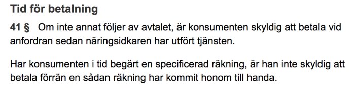 Skärmdump av lagtext om betalningstid enligt konsumentjänstlagen, med fokus på paragraf 41.