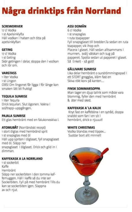 List på humoristiska drinkrecept från Norrland med en bild av en rödfärgad drink i ett cocktailglas.