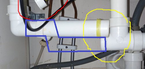 VVS-installation med rör markerade i olika färger för att illustrera en instruktion.