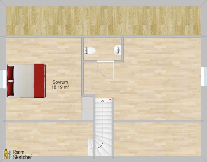 Planritning av ett sovrum med måttet 18,19 kvadratmeter, inkluderar säng och trapplösning.