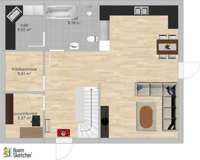 Ritning av enplanshus med mått, inklusive sovrum, badrum och trappa, skapat i RoomSketcher.