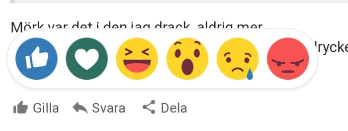 Sociala medier reaktionsikoner: tummen upp, hjärta, skratt, chockad, ledsen och arg.