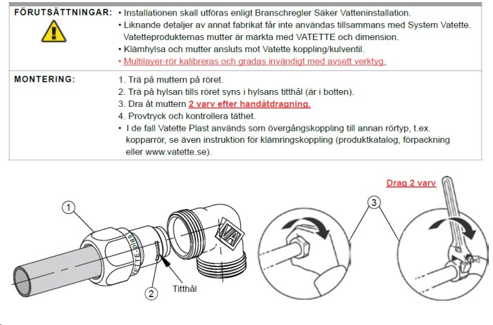 Illustration av rörinstallation med Vatette system, handdragning av mutter kräver två varv enligt anvisningar.