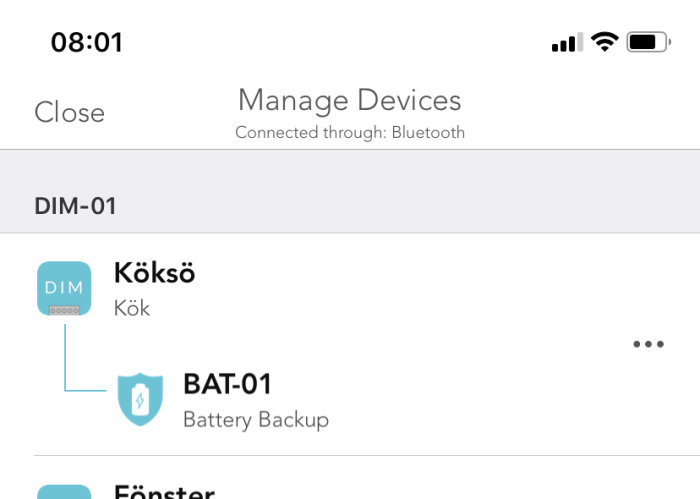 Skärmdump av en apparatanslutning med batteribackup, märkt "BAT-01", i ett smarthems-system.