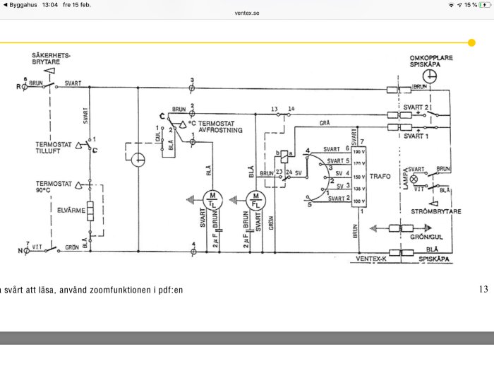 Elektriskt schema för ventilationsanordning med texten "svårt att läsa, använd zoomfunktionen i pdf:en".