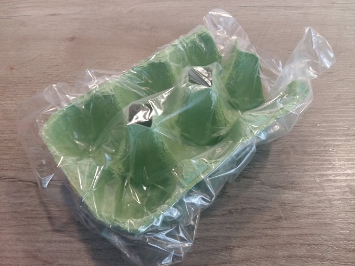 Grön äggkartong täckt med plastpåse på ett träbord, förberedd för odling av plantor.
