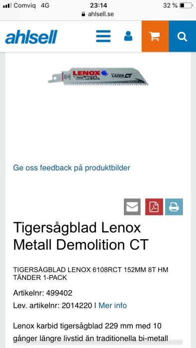 Skärmbild av ett tigersågblad Lenox Metall Demolition CT från Ahlsell med produktbeskrivning och artikelnr.