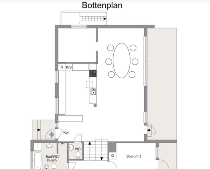 Svartvit ritning av en planlösning med markerad ny avskärmningsvägg, skjutdörrsgarderob, köksö och rumindelning.