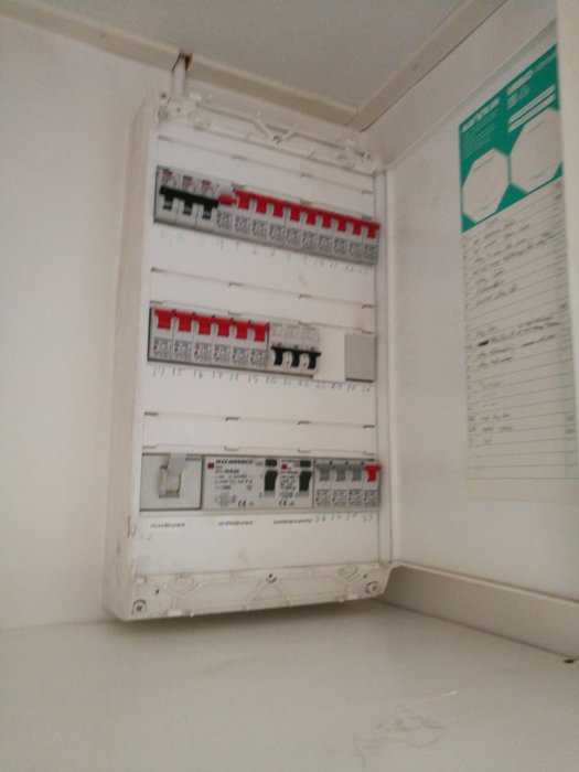 Elektrisk säkringstavla med öppnad dörr och synliga automatsäkringar, fastskruvad i hörnen.