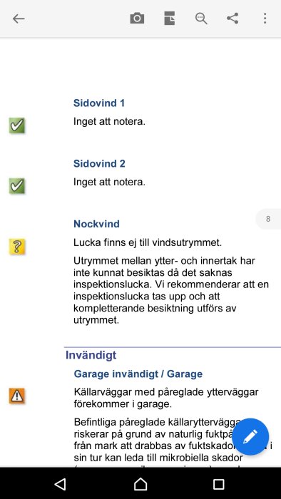 Skärmdump av protokoll med frågetecken vid avsaknad av inspektionslucka på vinden och varning för fuktskador i garage.