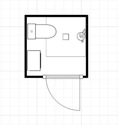 Ritning av ett rum med öppen 90 cm bred dörr, möbler och badrumsinredning.