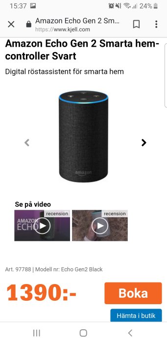 Amazon Echo Generation 2 smart hem-controller i svart obruten förpackning.