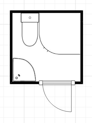 Ritning av litet badrum med toalett och fällbar duschvägg intill varandra.