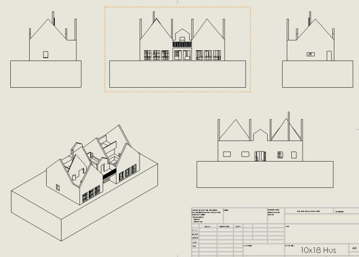 Arkitektritningar av ett enplanshus med inredningsbar vind, inkluderar fasadvyer och planlösning.