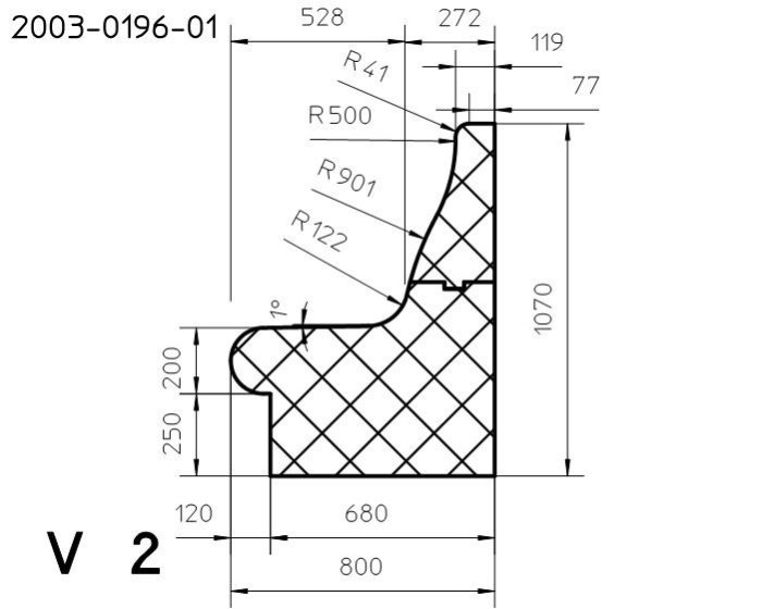 Teknisk ritning av en anpassad byggsits eller bänk med mått och kurvatur specificerade.