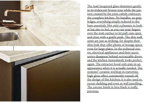 Modern minimalistisk köksdesign med bronsfärgat lackat glas och handtagslösa skåp.