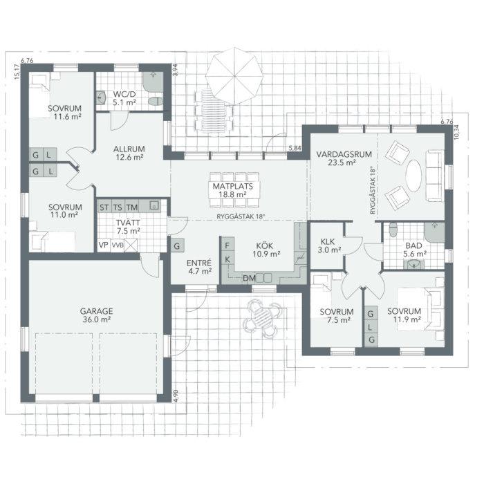 Planlösning för ett enfamiljshus på 142,9 m² med etiketter för rum som vardagsrum, kök, sovrum och garage.