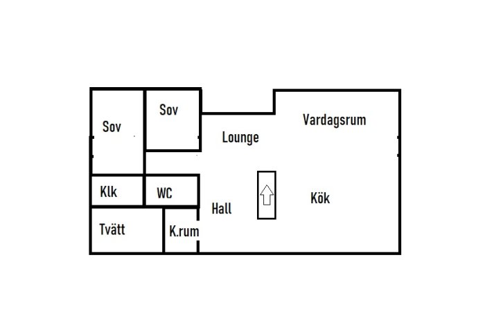 Skiss av husplan med rumsuppdelning inkluderar sovrum, lounge, kök, vardagsrum, klädkammare, WC och tvättstuga.