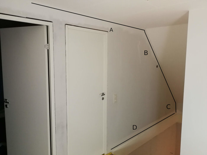 Hörn av ett rum med vita dörrar och väggar, markerade med svarta linjer som visar planerade målningsområden A, B, C, D.
