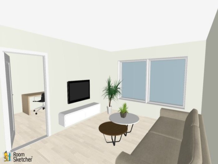 3D-rendering av ett modernt vardagsrum med soffa, soffbord, TV och krukväxter, vy mot fönster och en kontorsdörr.